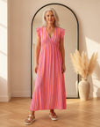 Leonora Mousseline Jurk - Strepen/Roze/Oranje — front view