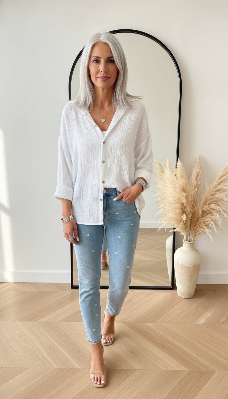 Korte Oversized Mousseline Blouse Wit - Luchtig &amp; Veelzijdig — front view