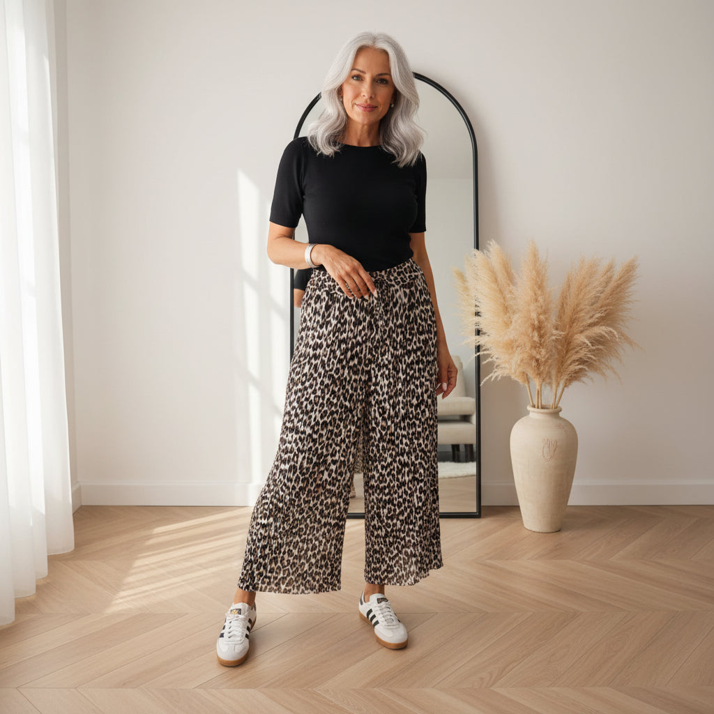Geplisseerde Broek met Leopard Print - Zwart Beige Bruin — front view