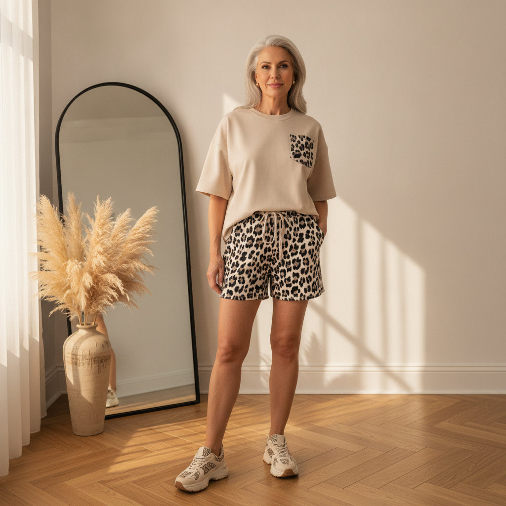 Leo Vibes Set - Viscose Shirt & Short - Beige — front view