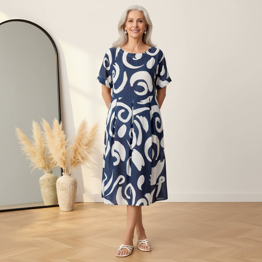 Linnen Midi Jurk met Abstract Print en Geplooide Taille — front view