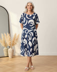 Linnen Midi Jurk met Abstract Print en Geplooide Taille — front view