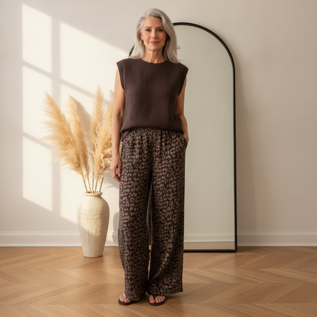 Zachte Katoenen Musselin Broek met Leopardprint - Bruin/Mocca — front view