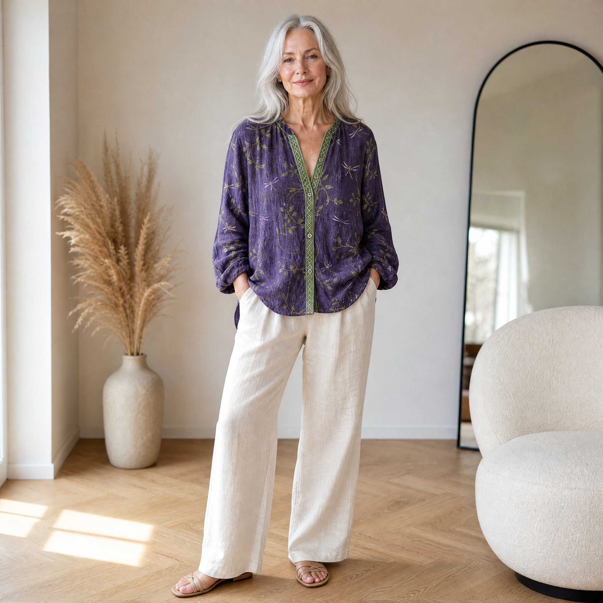 Vintage Blad Blouse - Tijdloze Elegantie met Klassiek Bladmotief — front view