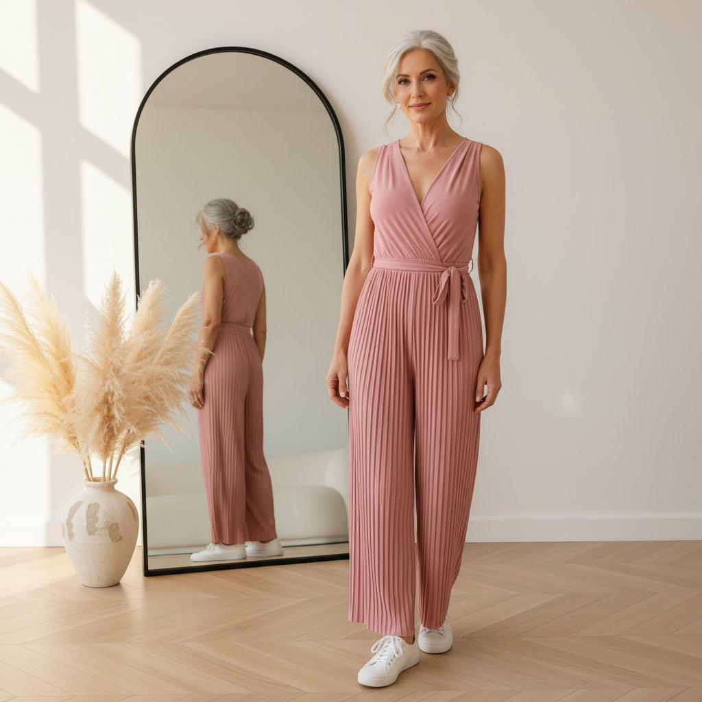Elegante Geplisseerde Jumpsuit met Vrouwelijke Halslijn - Zalm — front view