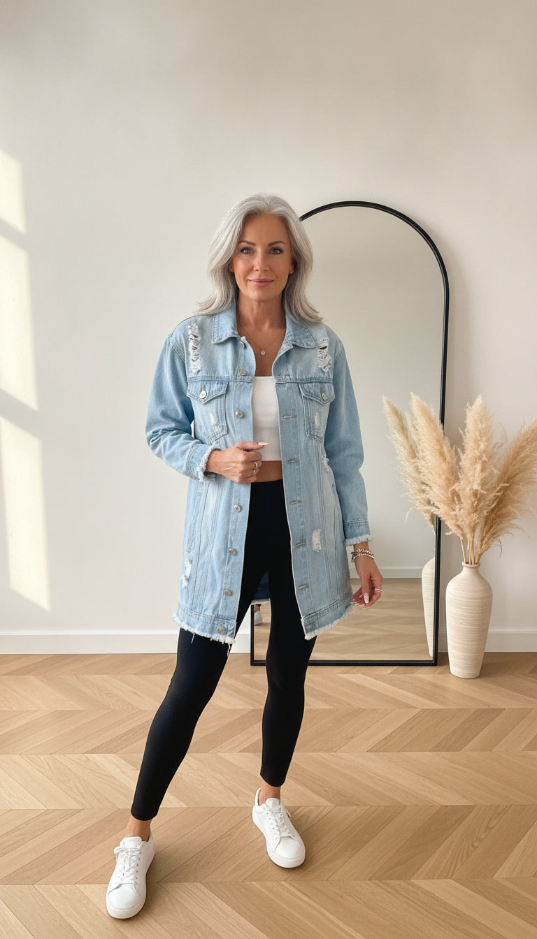 Lange Jeansjacke met Used Details - Lichtblauw — front view