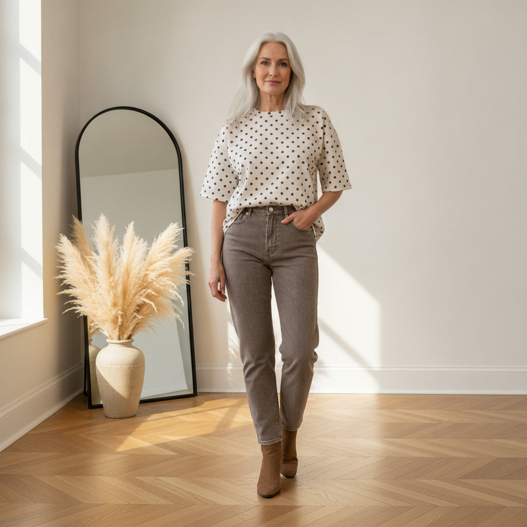 Zacht Viscose T-Shirt met Stippenprint - Beige/Bruin — front view