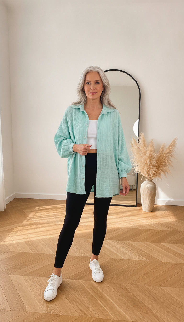Korte Oversized Mousseline Blouse - Lichtmint — front view