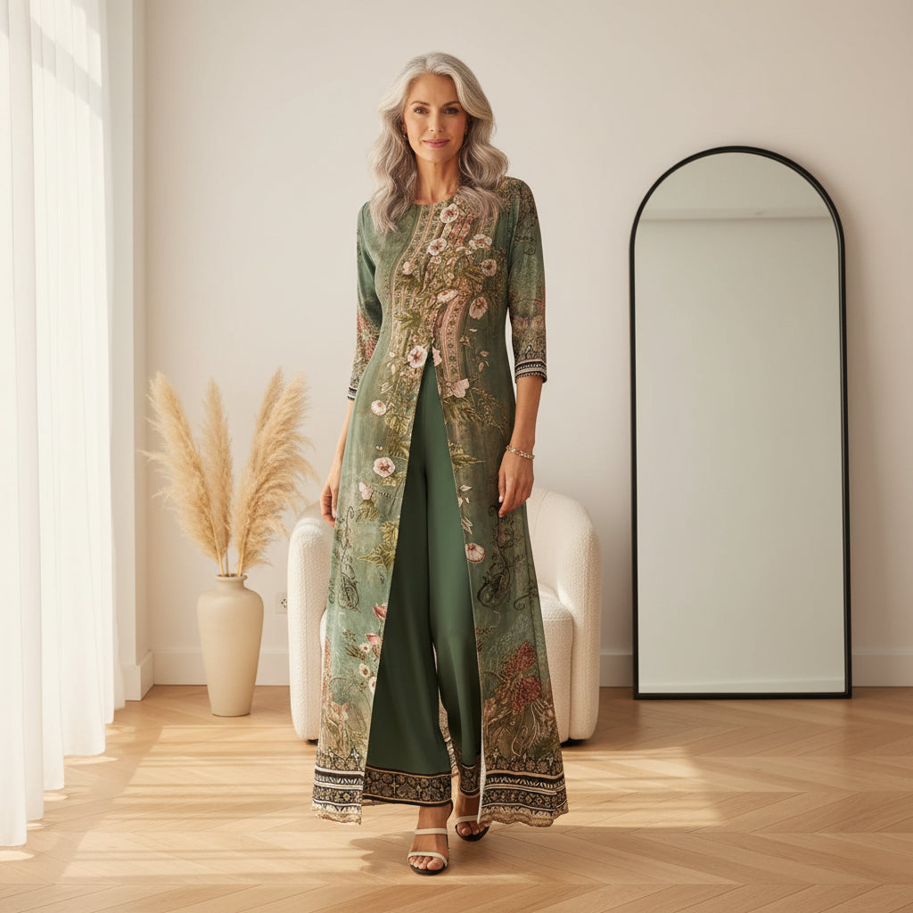 Jade | Dames Bloemenprint Tweedelige Set Lange Top &amp; Wijde Broek — front view