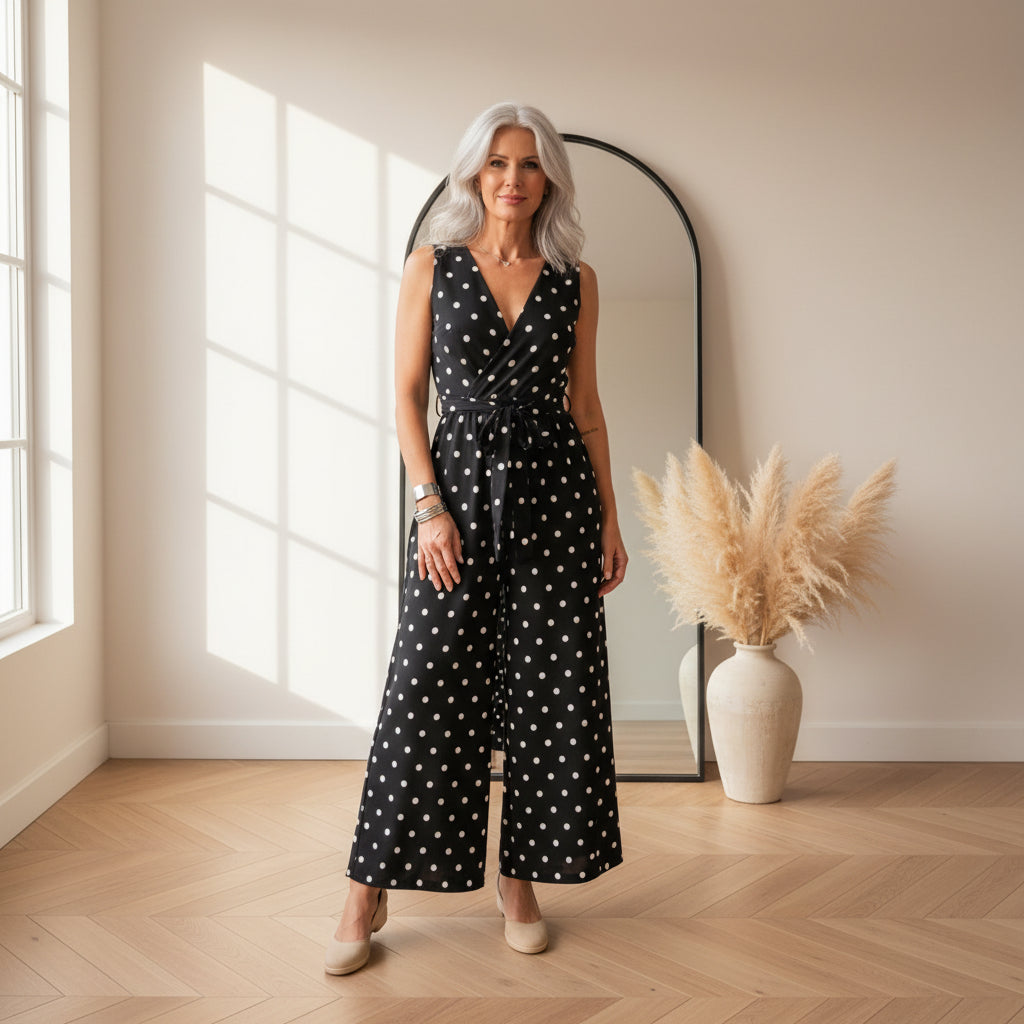 Geplisseerde Lange Jumpsuit met Elegante Halslijn - Zwart-Wit Stippenprint — front view