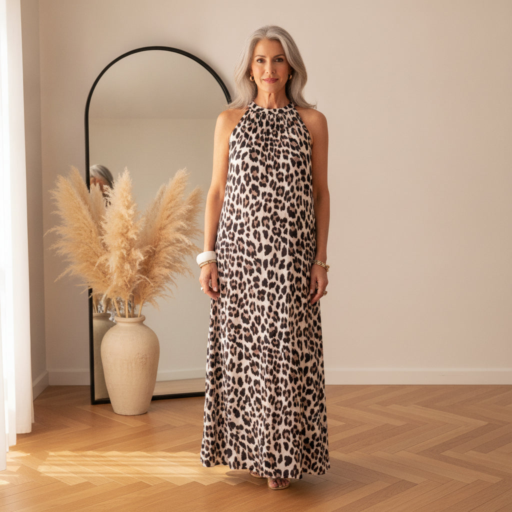 Lang Vloeiend Leopard Jurk - Beige Zwart Bruin — front view