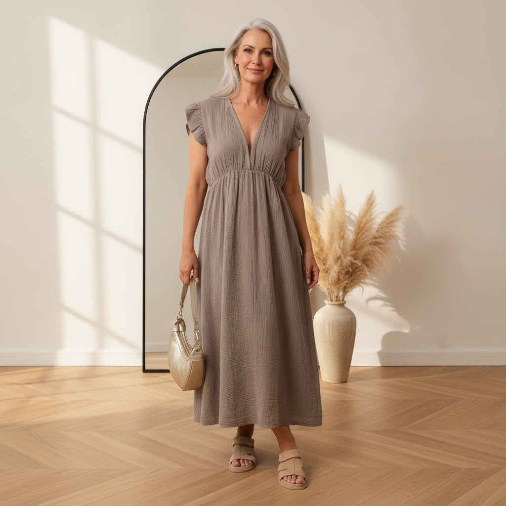 Leonora Mousseline Jurk - Taupe — front view
