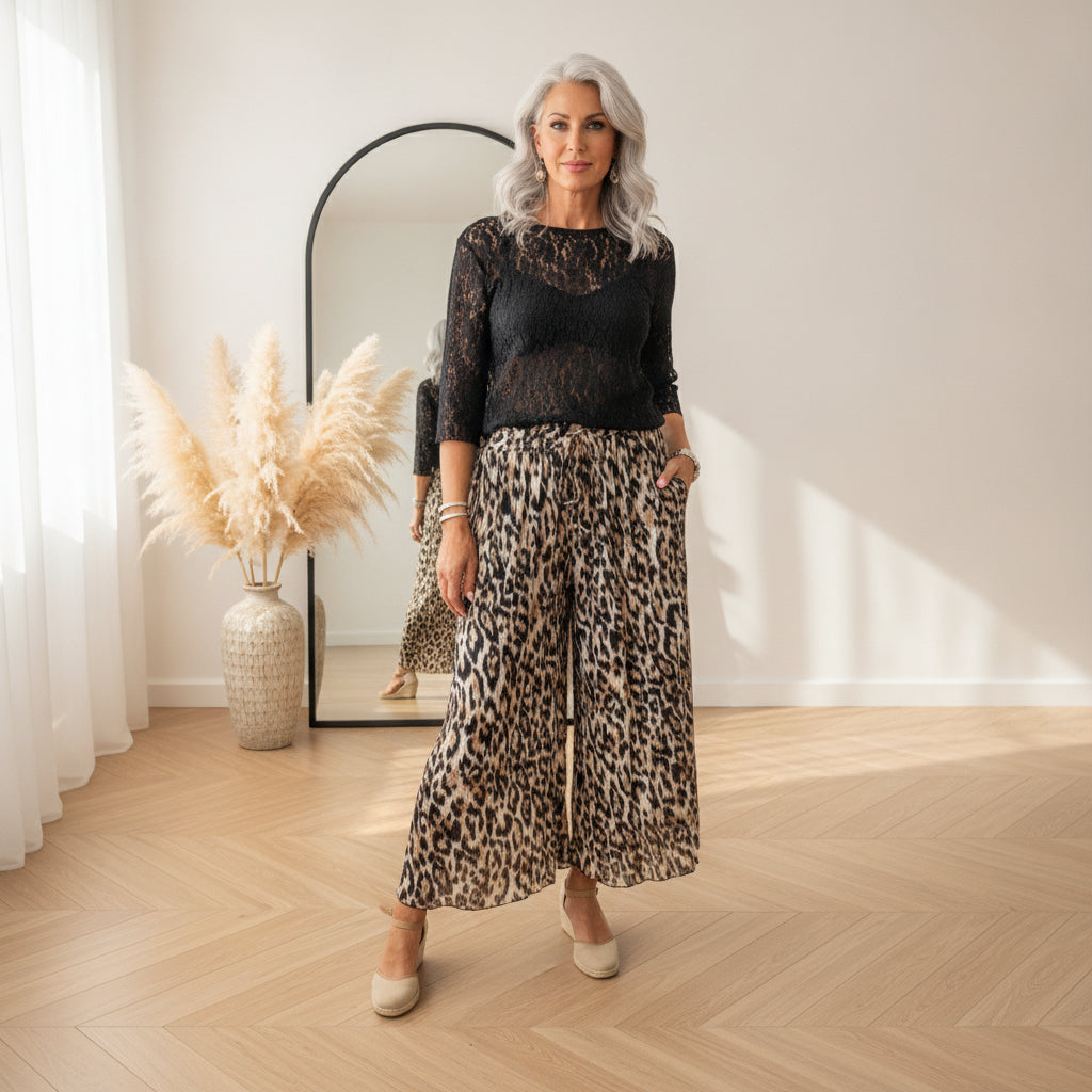 Geplisseerde Broek met Abstract Luipaardprint - Beige Cappuccino Zwart — front view