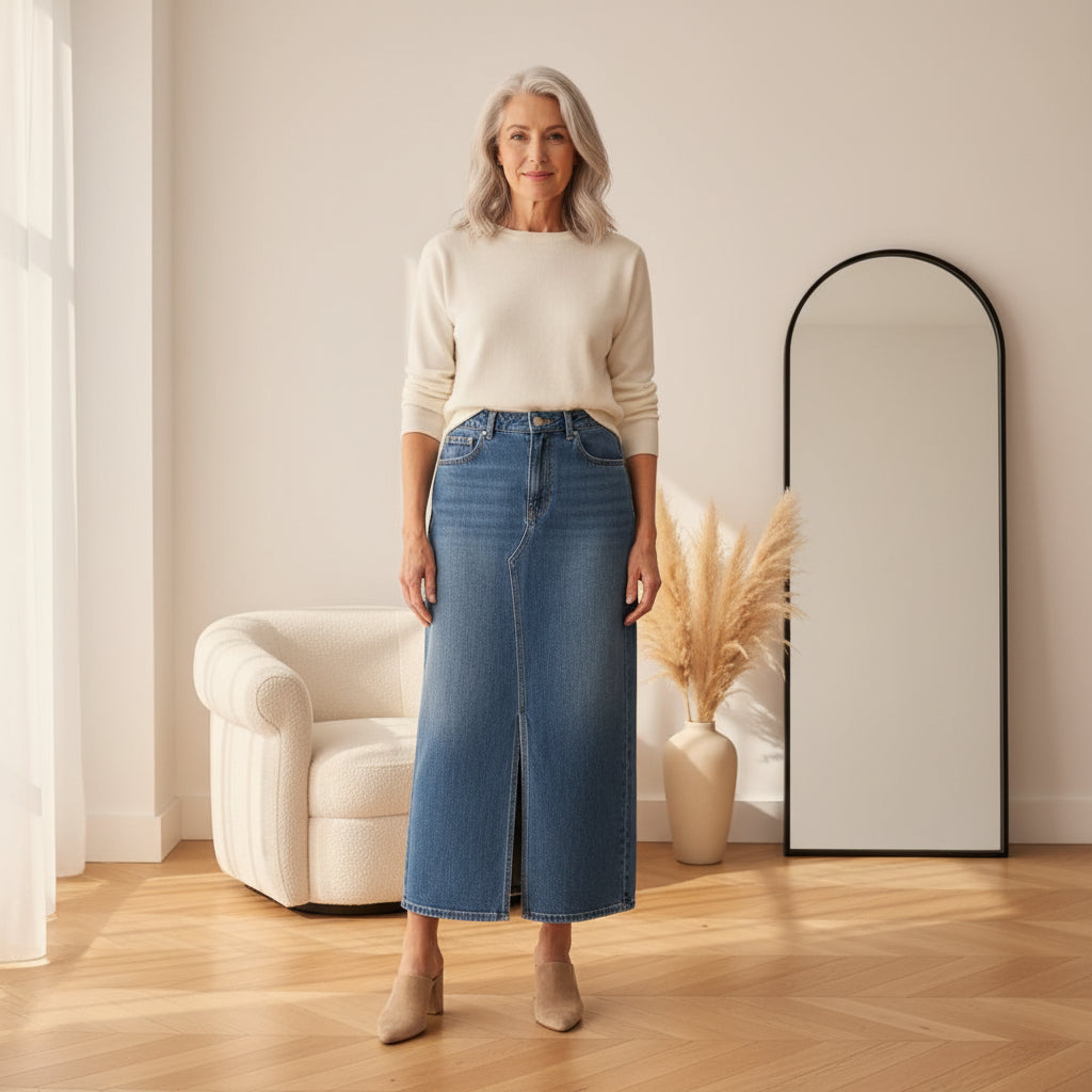 Emerald Denim Maxi Rok - 80 Wash Blauw — front view