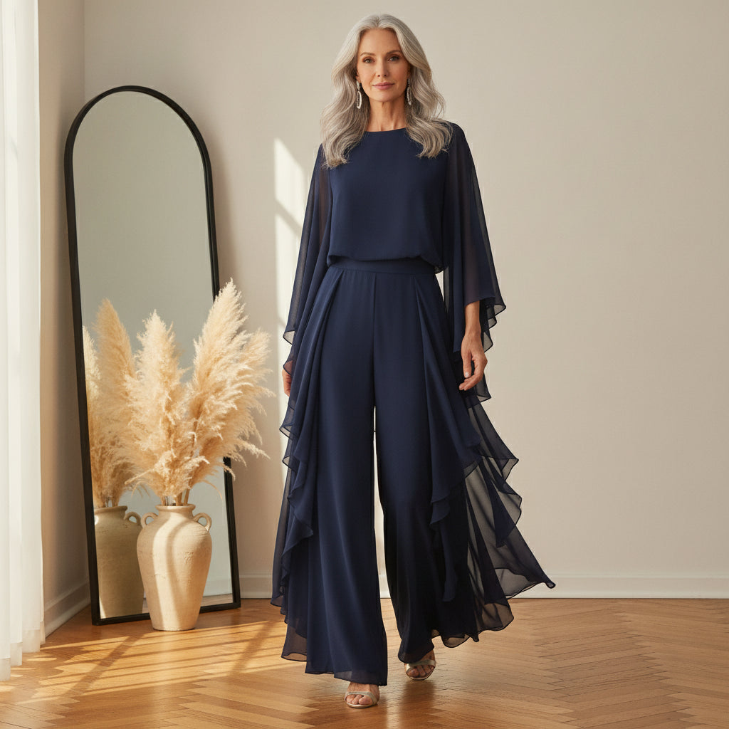 Elegant Chiffon Tweedelig Set met Ruches - Marineblauw — front view