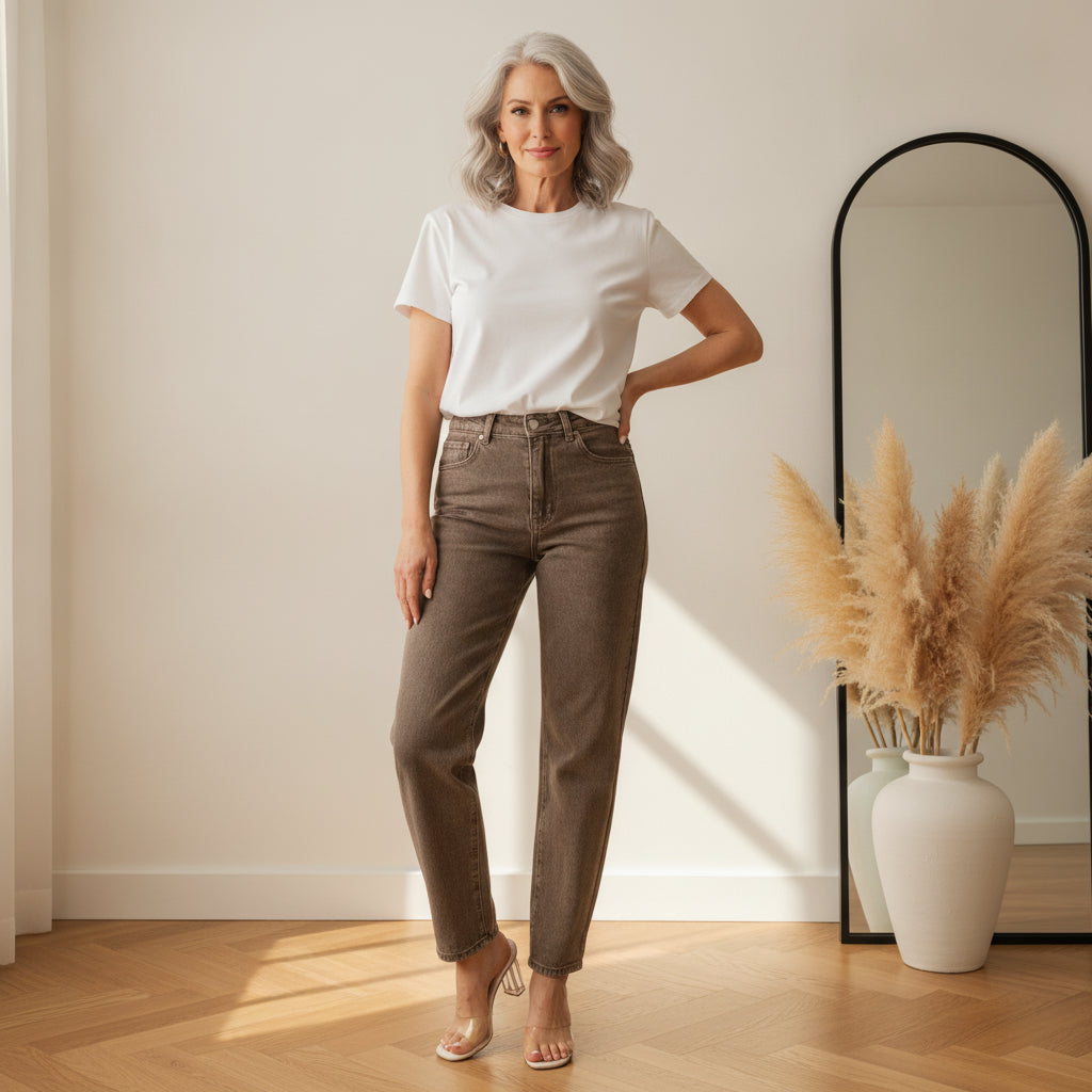 Mom Mousse Old Mom Fit Jeans - Mocca Wassing — front view