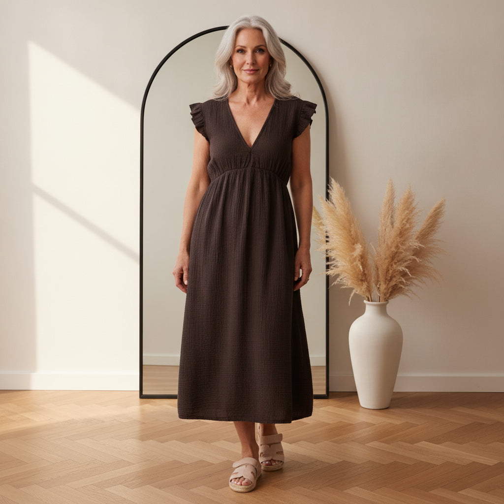 Leonora Mousseline Jurk - Espresso — front view