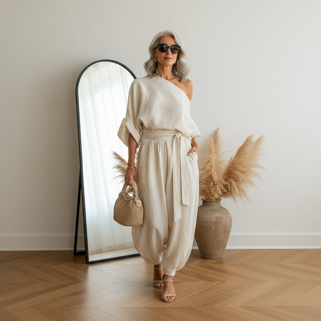 Linnen Set Off-Shoulder Top met Broek — front view