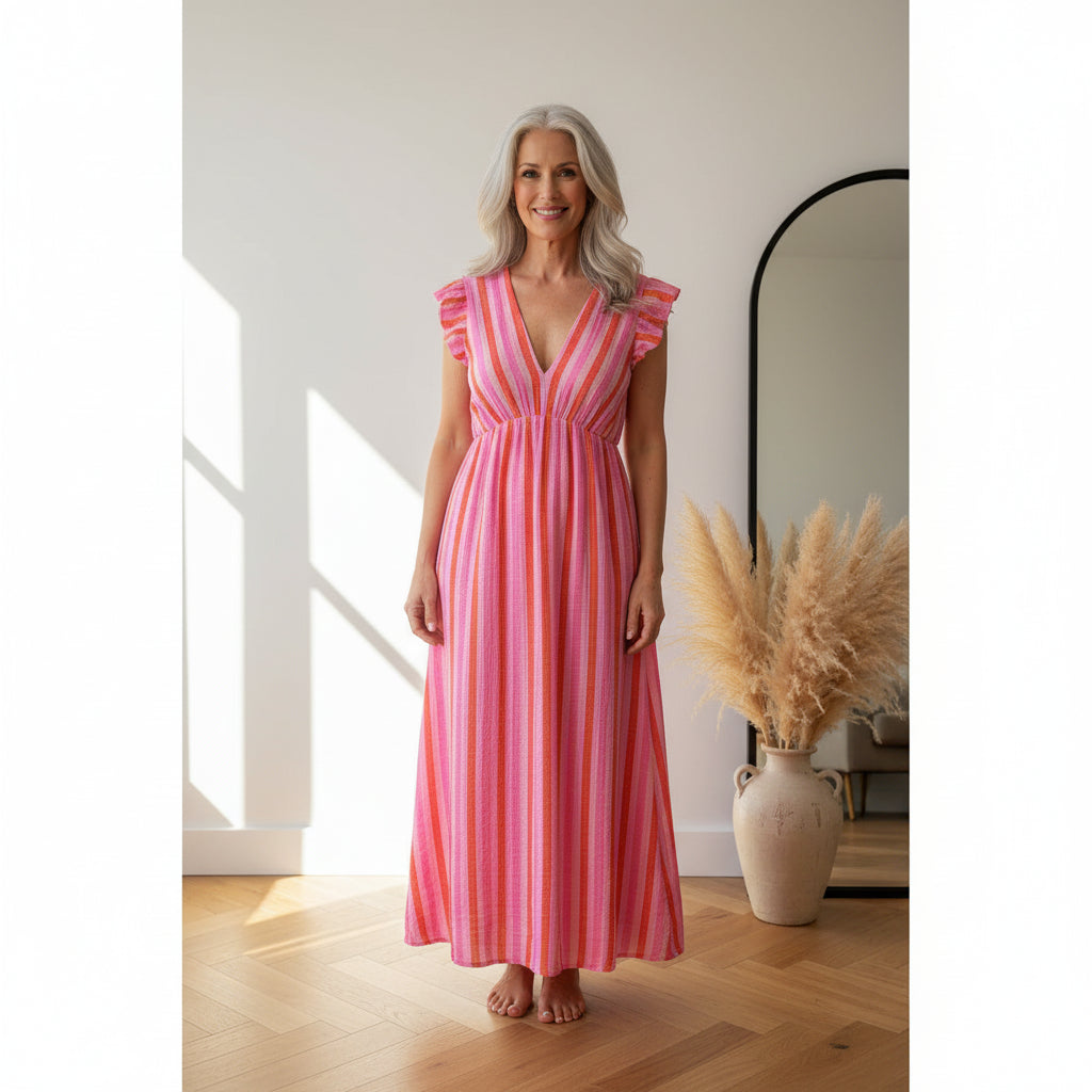 Pianosa Stripes Maxi Jurk met Musselin - Roze/Oranje — front view