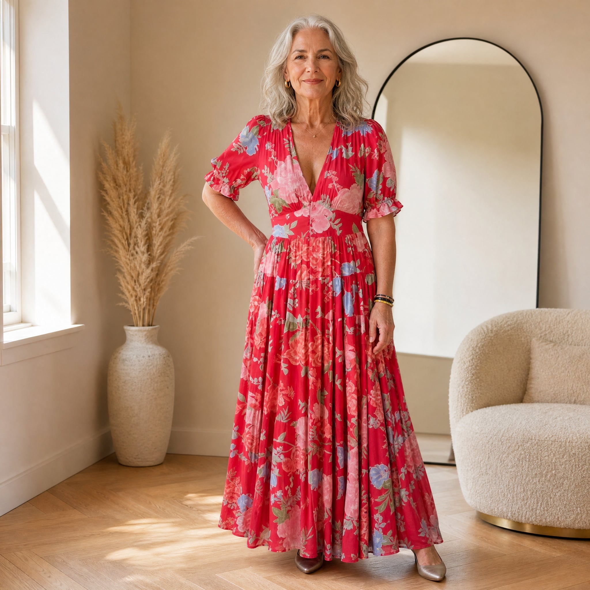 Minelda - Elegante Bloemen V-hals Jurk met Zakken — front view