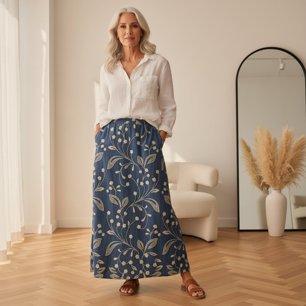 Retro Bloemenprint Rok met Elastische Tailleband en Zakken — front view