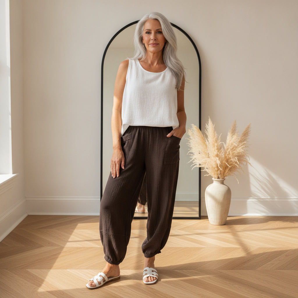 Kitty Barrel Broek - Comfortabele Katoenen Broek met Elastische Taille — front view