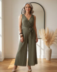 Elegante Geplisseerde Jumpsuit met Wikkel Look - Khaki — front view