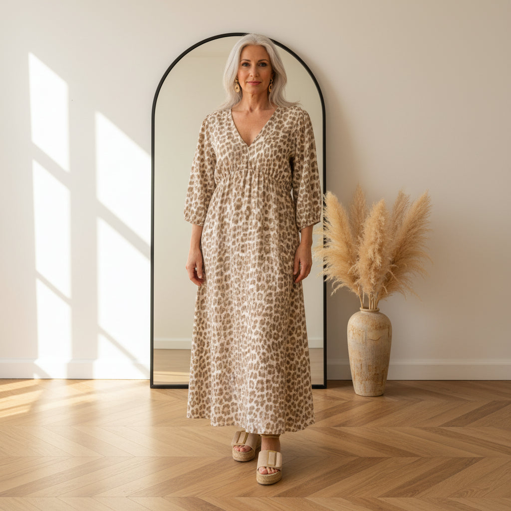 Luchtige Mousseline Jurk met Luipaardprint - Beige — front view