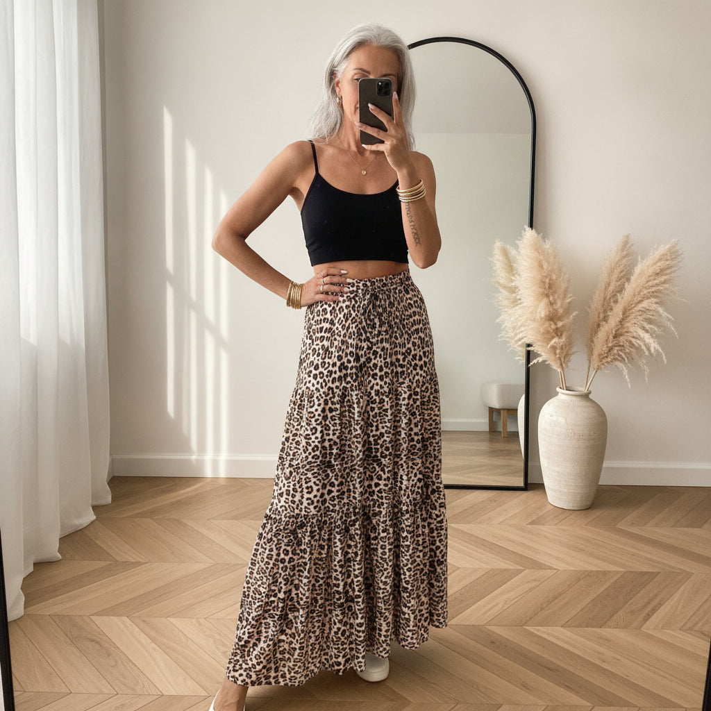 Maxi Viscose Leopard Rok - Elegante Tijdloze Stijl — front view
