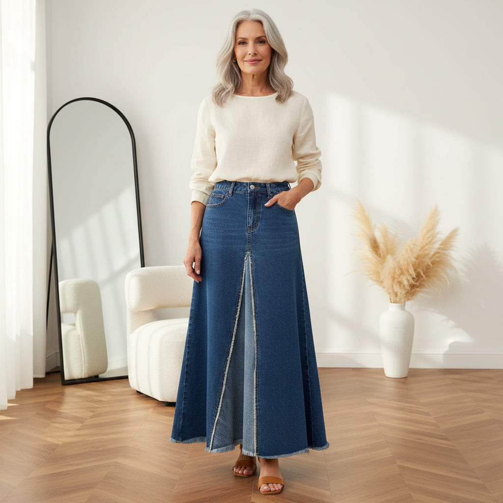 Denim Patchwork Maxi Rok met Wijd Uitlopende Pasvorm — front view