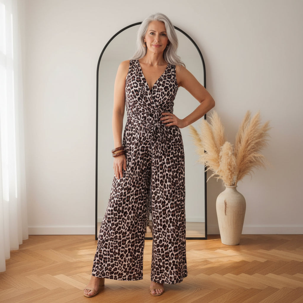 Elegante Plissé Jumpsuit met Luipaardprint - Crème, Bruin, Zwart — front view