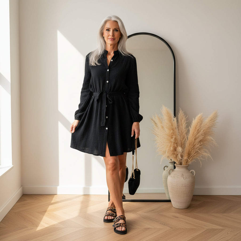 Filipa Mousseline Jurk - Zwart — front view