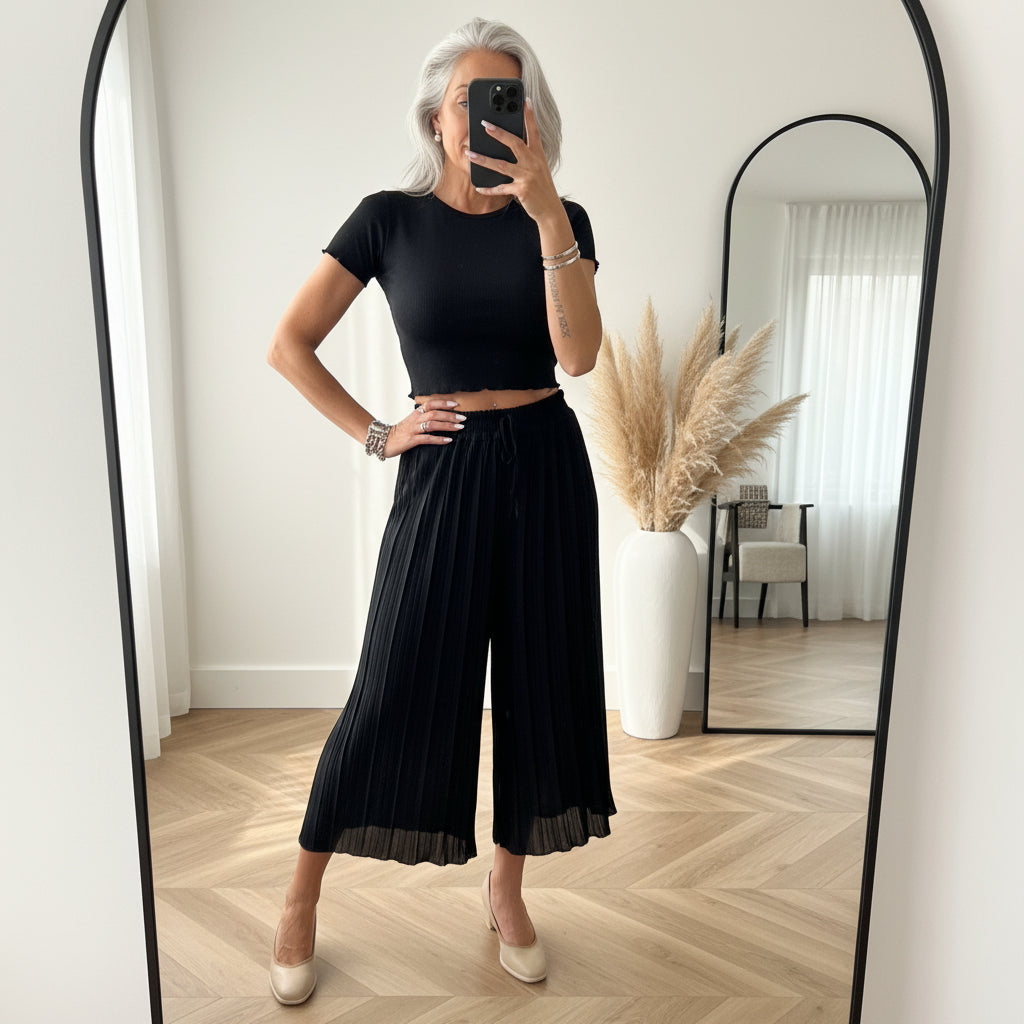 Geplisseerde Broek met Binnenbroek - Zwart — front view