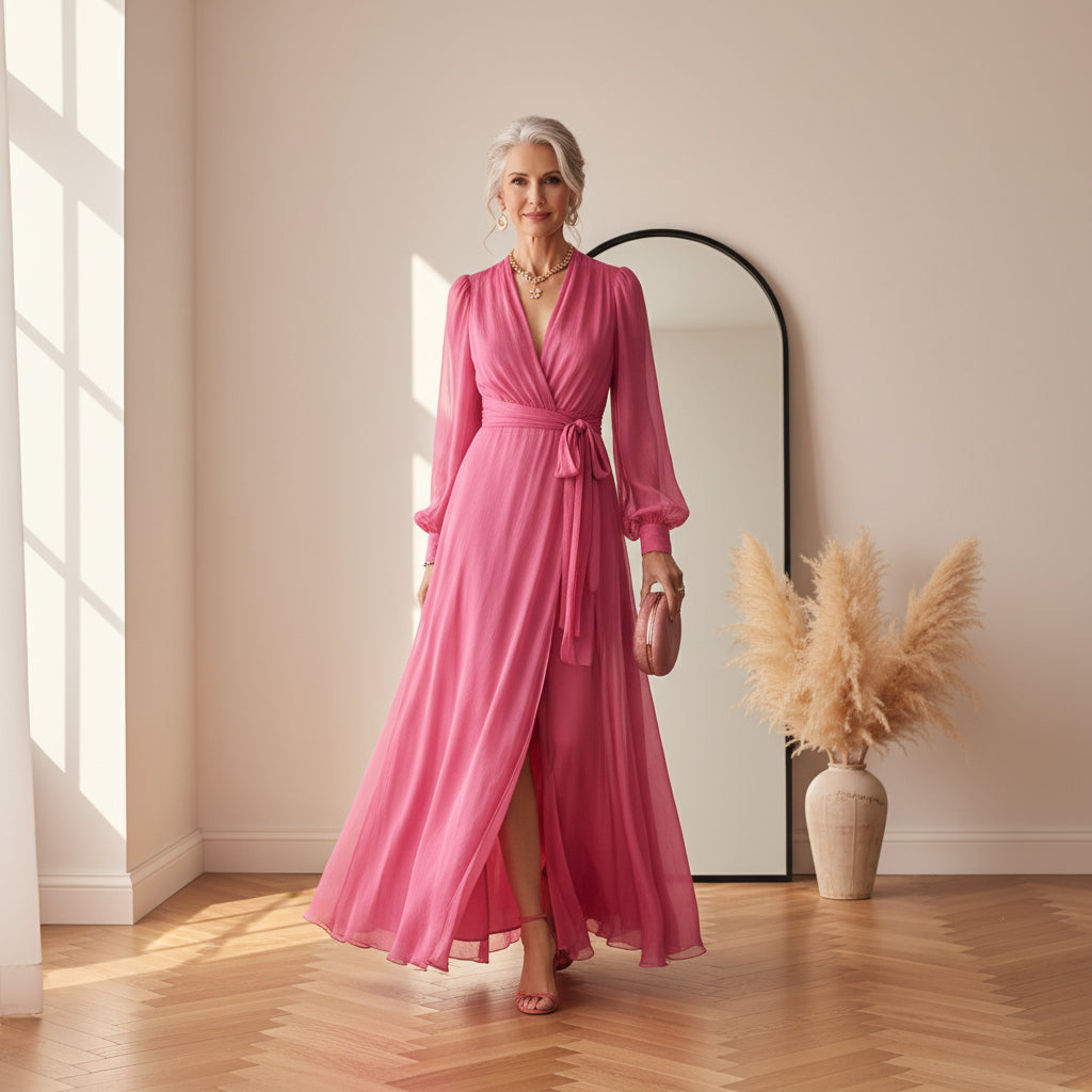 Roze Chiffon Jurk met V-Hals en Parelbezetting — front view