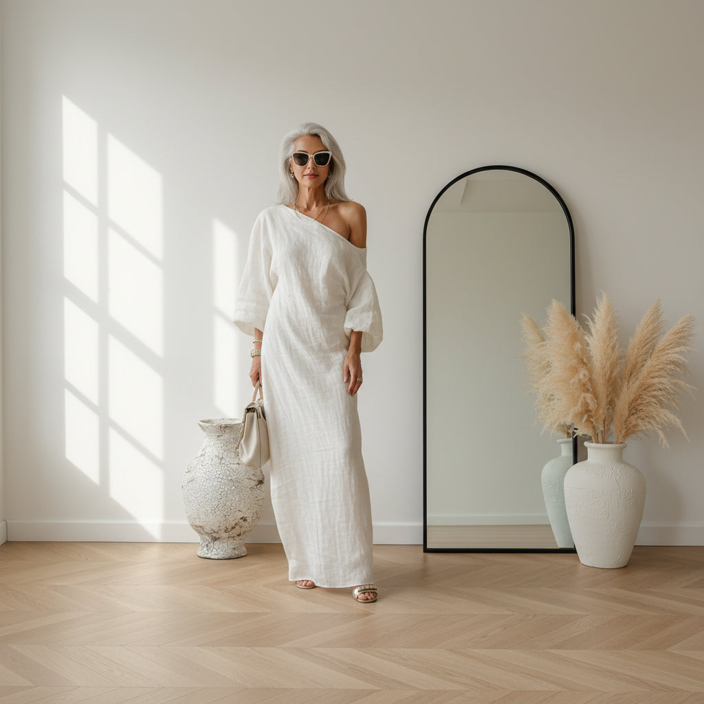 Ivoor Linnen Maxi Jurk Off-Shoulder — front view