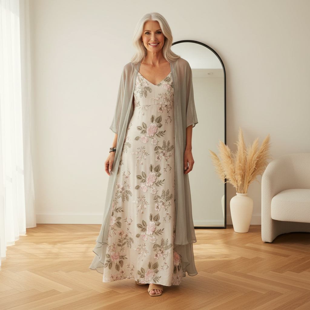 Willow | Dames Bloemen Maxi Jurk met Longline Vest Set — front view