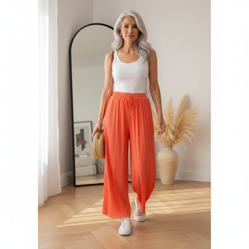 Luchtige Plissé Broek - Neon Koraal - Zomerse Reisbroek — front view