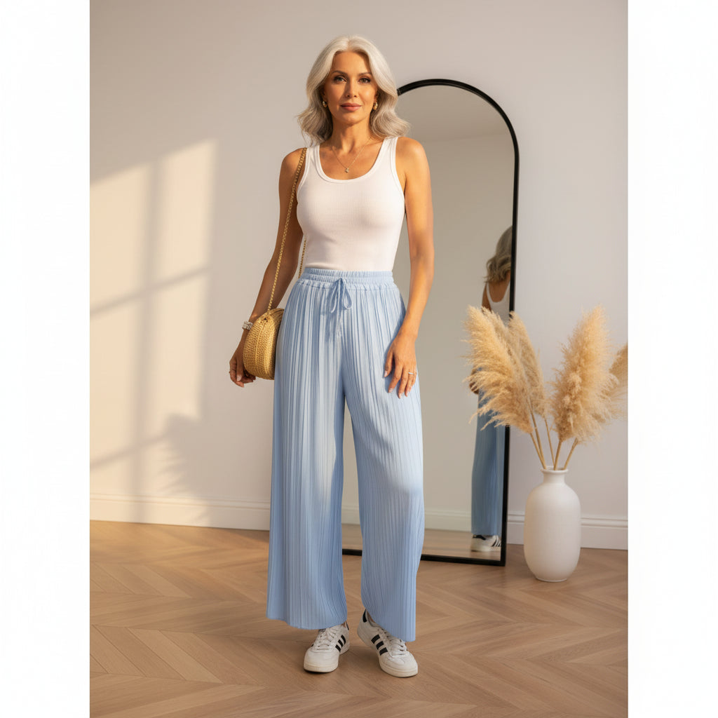Geplisseerde Broek met Viscose Binnenbroek - Lichtblauw — front view