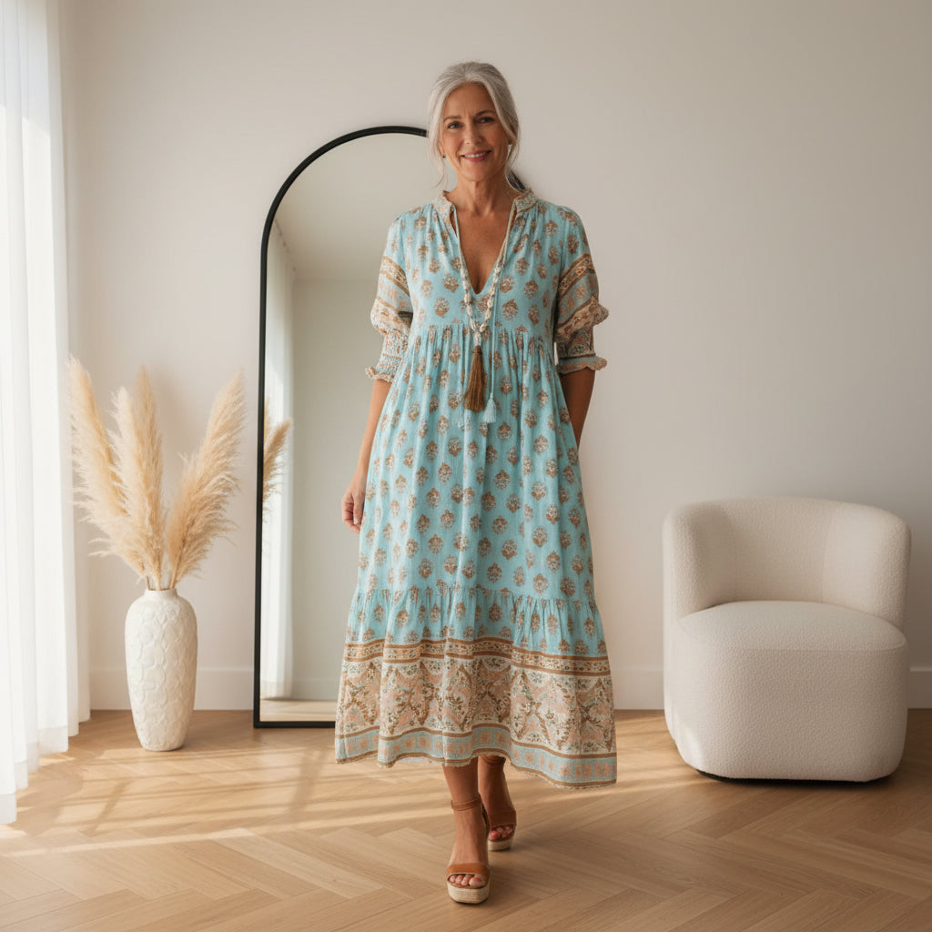 Audrey™ | Boho Midi Jurk met Kwastjes — front view
