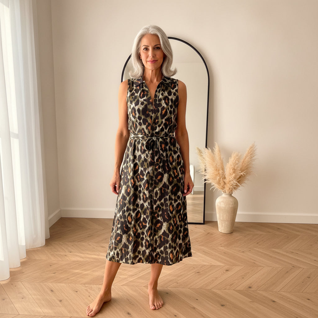 Mouwloze Blousejurk met Knopenrij en Riem - Khaki, Zwart, Cappuccino — front view
