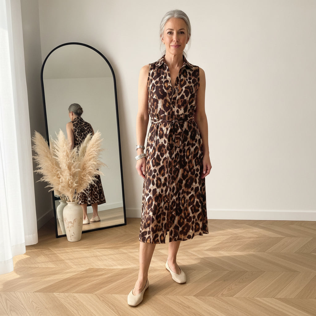 Mouwloze Blousejurk met Knopenrij en Riem in Bruine Luipaardprint — front view