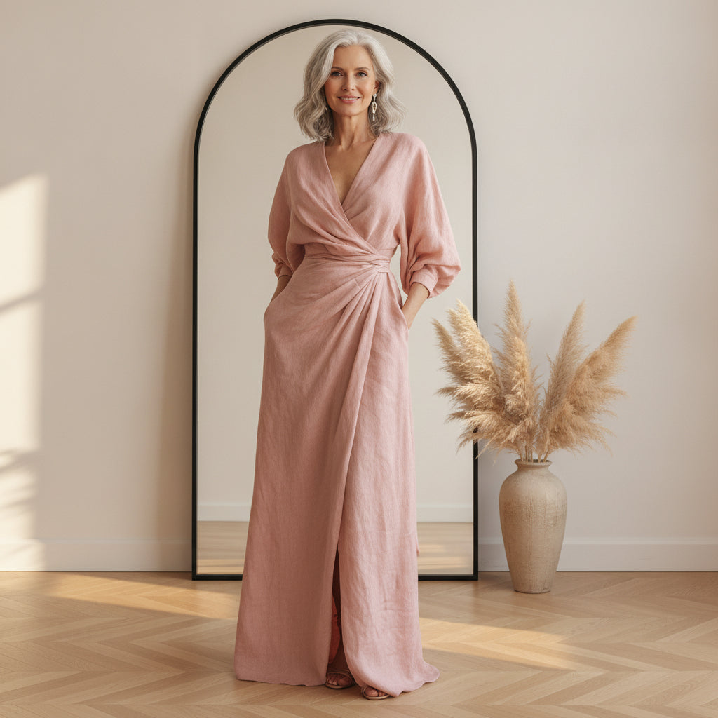 Linnen Maxi Jurk met V-Hals - Elegante Zomerjurk — front view