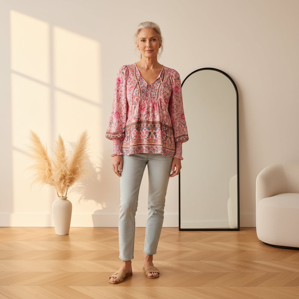 Sienna | Dames Bloemrijke Boho Blouse V-Hals Pofmouw Top — front view