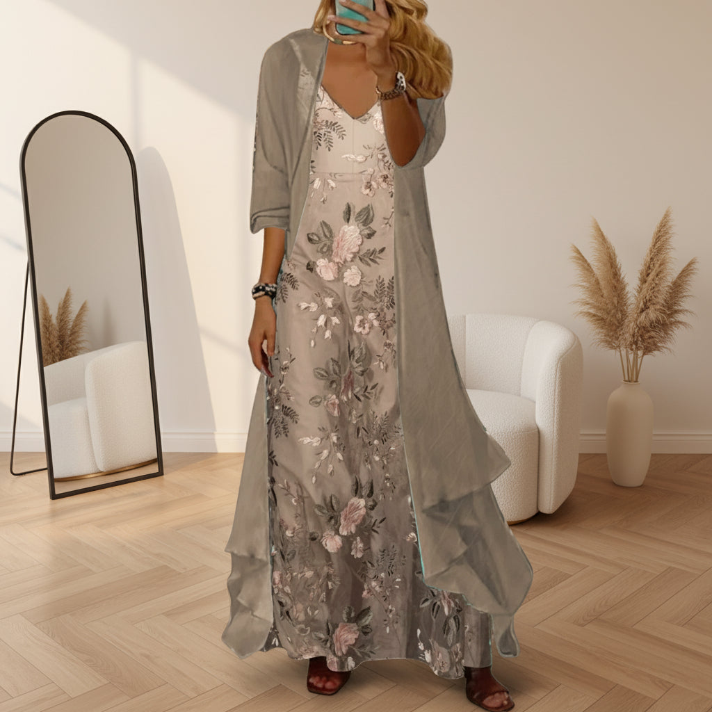 Willow | Dames Bloemen Maxi Jurk met Longline Vest Set — Beige