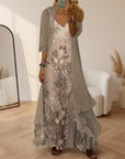 Willow | Dames Bloemen Maxi Jurk met Longline Vest Set — Beige