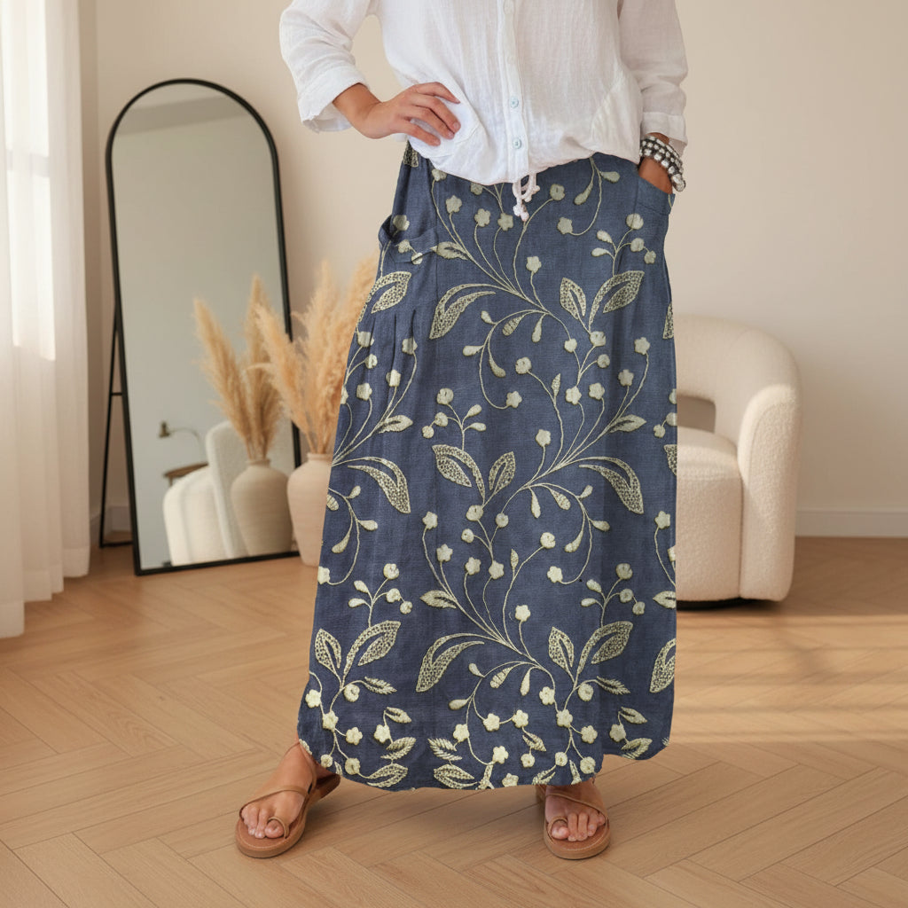 Retro Bloemenprint Rok met Elastische Tailleband en Zakken — Blauw