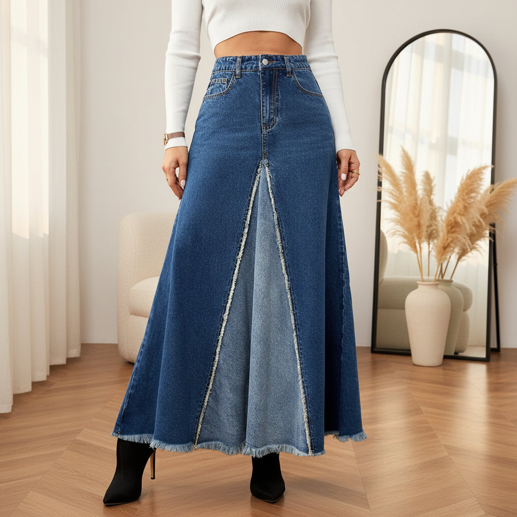 Denim Patchwork Maxi Rok met Wijd Uitlopende Pasvorm — Blauw