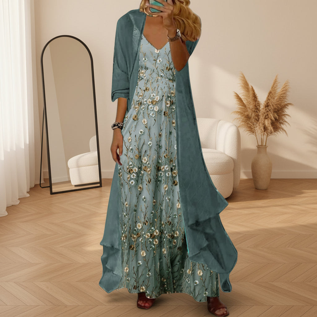 Willow | Dames Bloemen Maxi Jurk met Longline Vest Set — Blauw