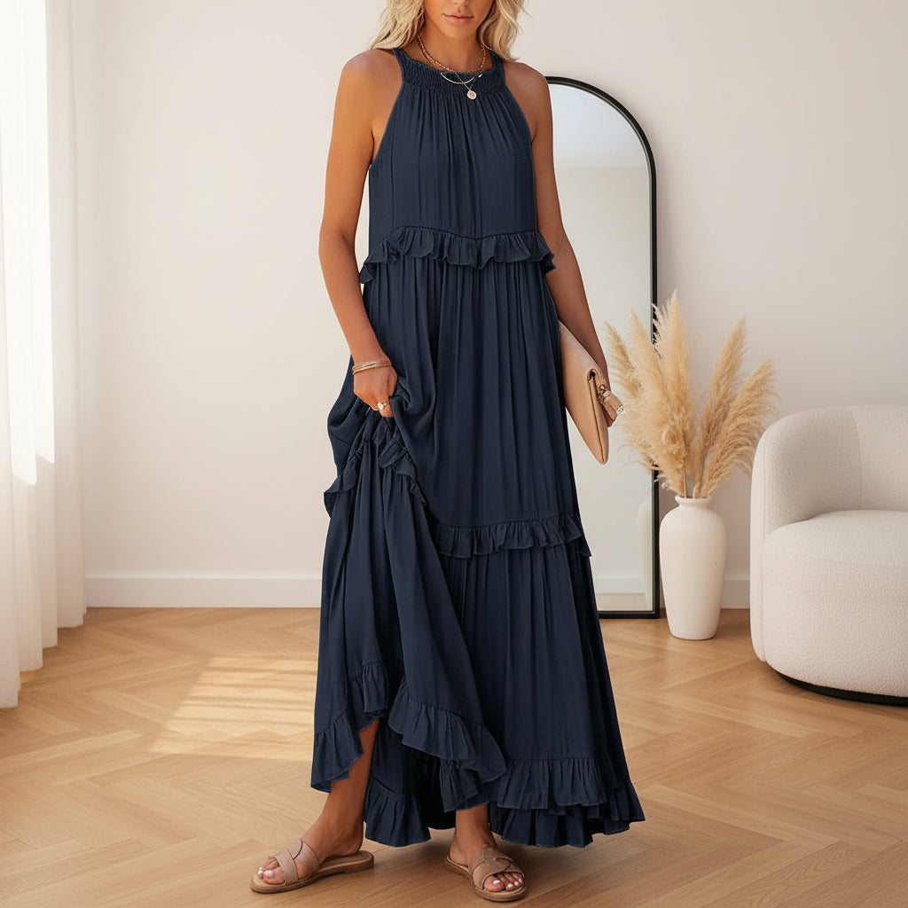 Courtney™ | Elegante Mouwloze Jurk met Ruches — Donkerblauw
