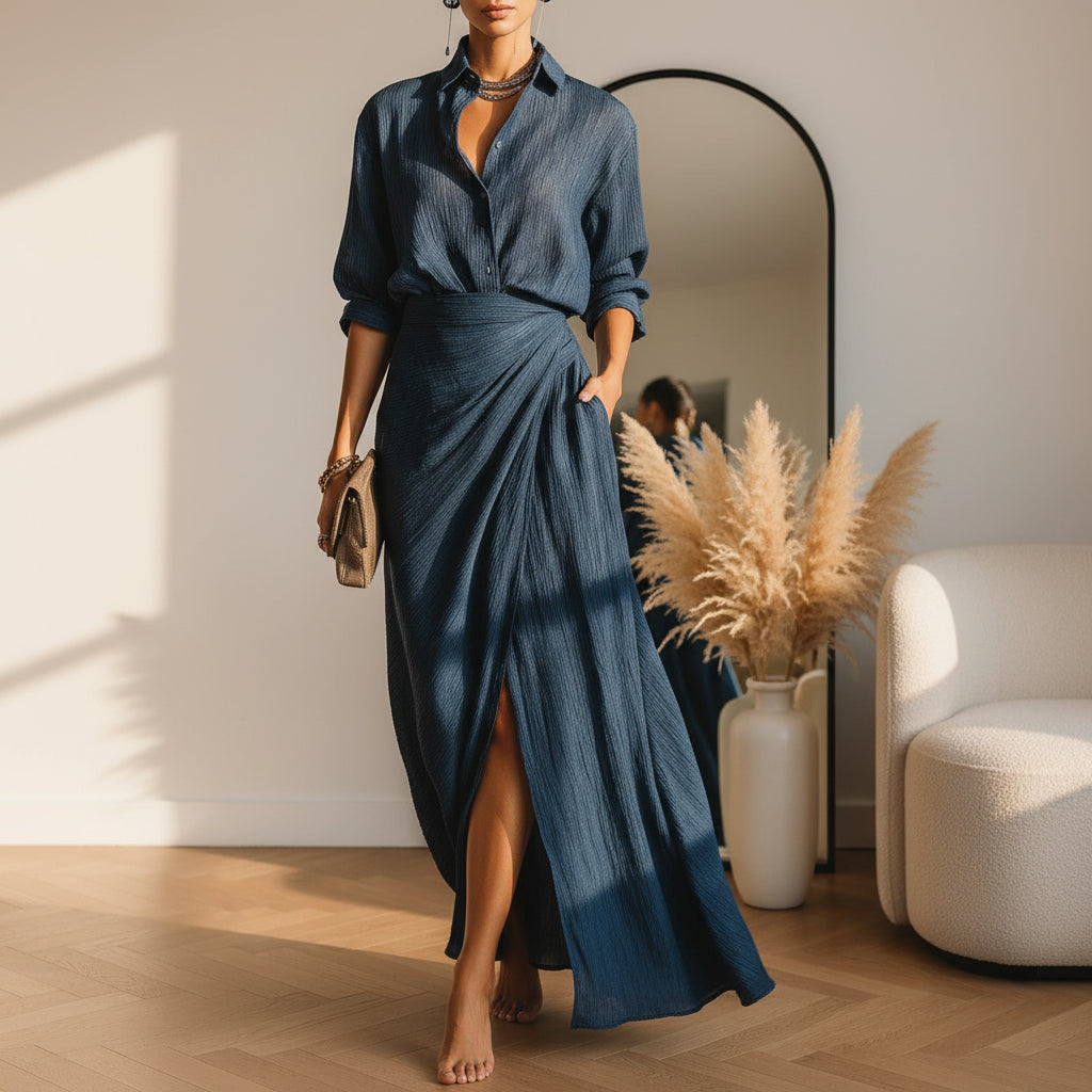 Elegante Donkerblauwe Blouse & Lange Rok Set — Donkerblauw